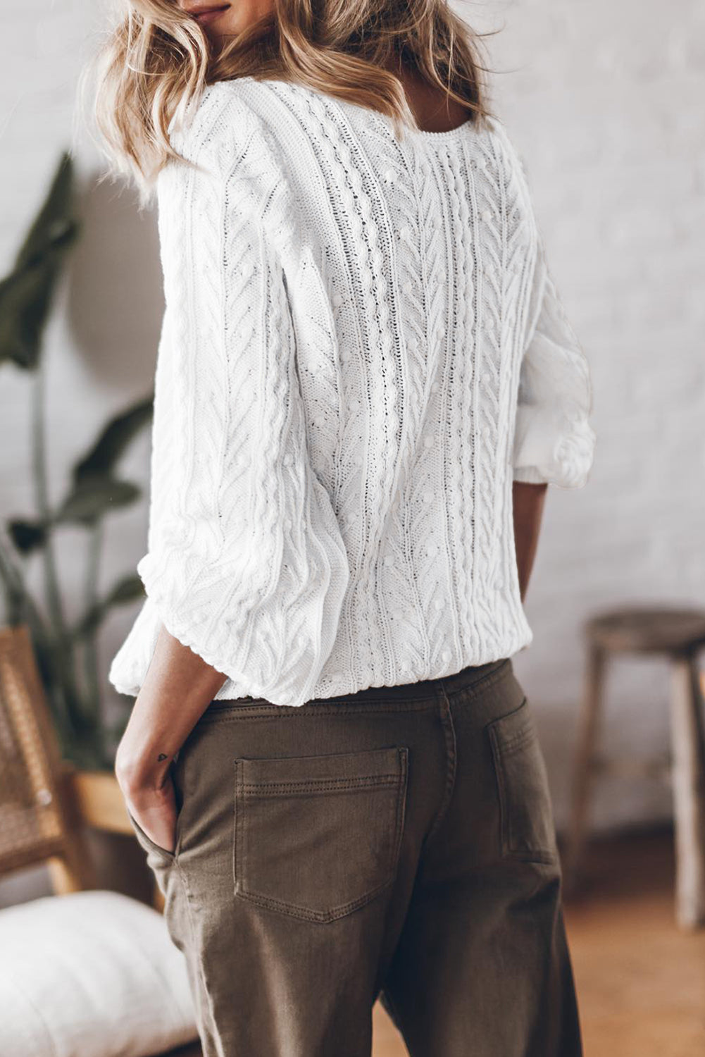 White Solid Cable Knit V Neck Puff Sleeve Cardigan