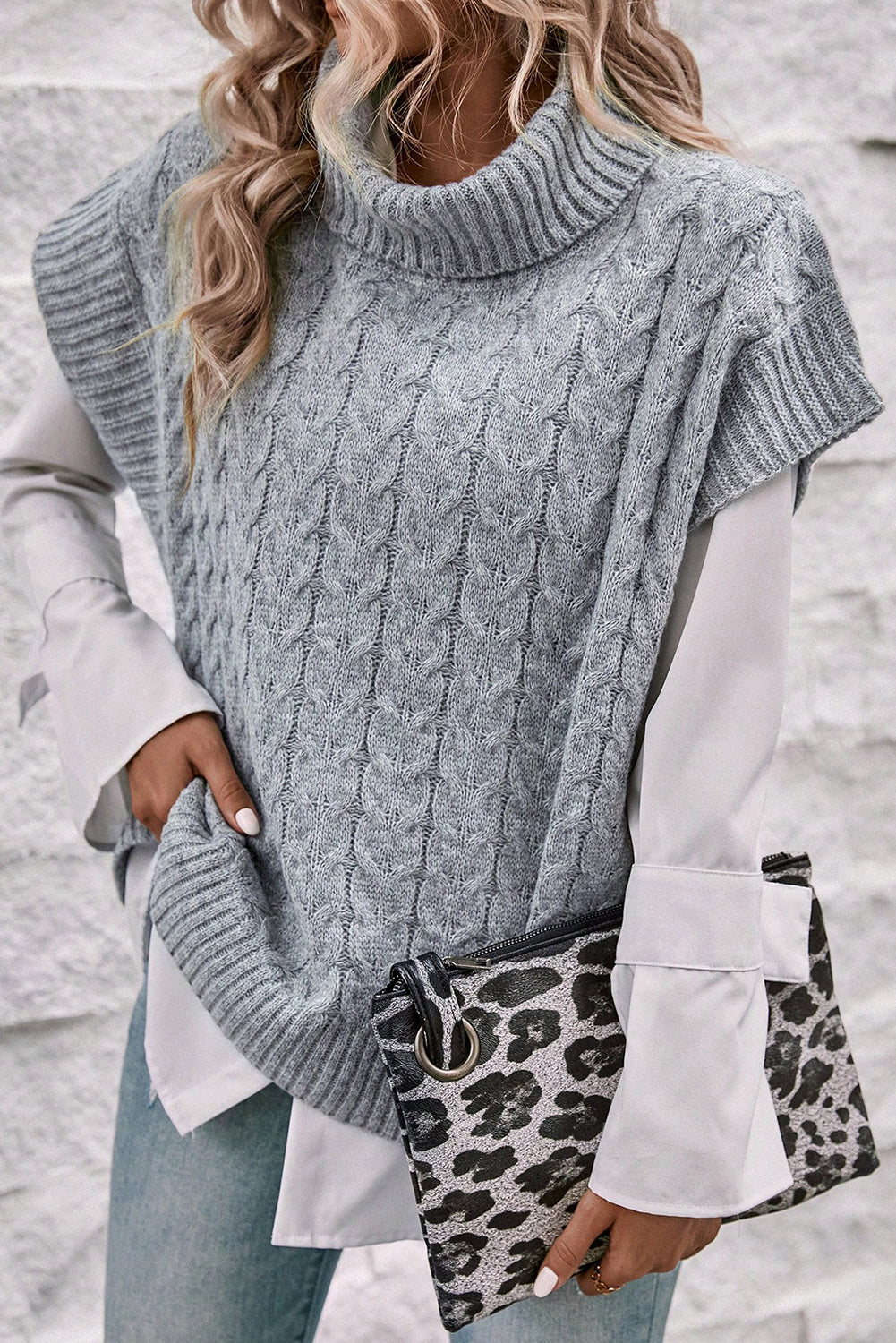 Medium Grey Turtleneck Short Batwing Sleeve Cable Knit Sweater