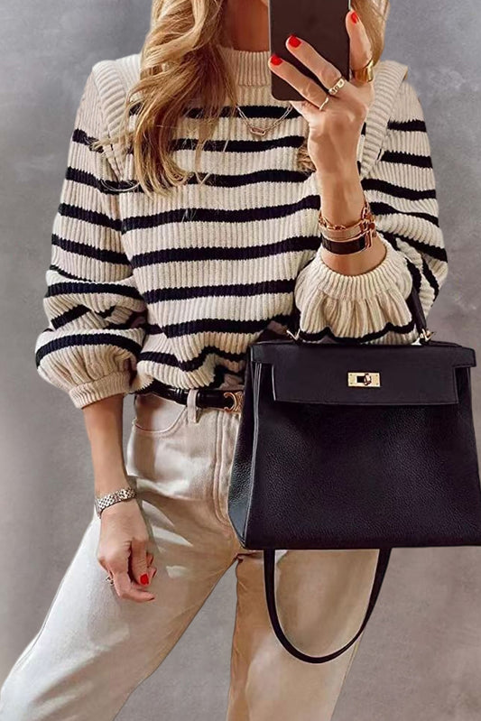 Stripe Print Casual Round Neck Bracelet Sleeve Sweater