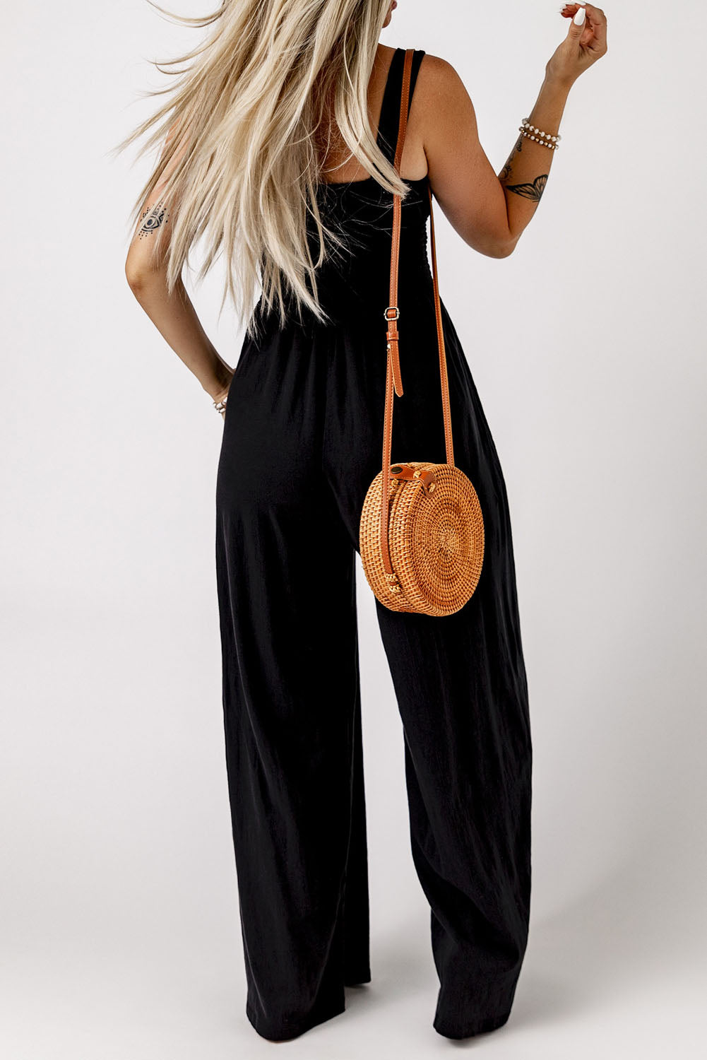 Black Casual Smocked Sleeveless Wide Leg Jumpsuit With Pockets