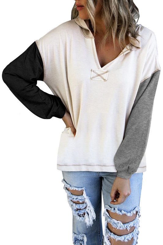 Gray Casual Colorblock V Neck Long Sleeve Hoodie