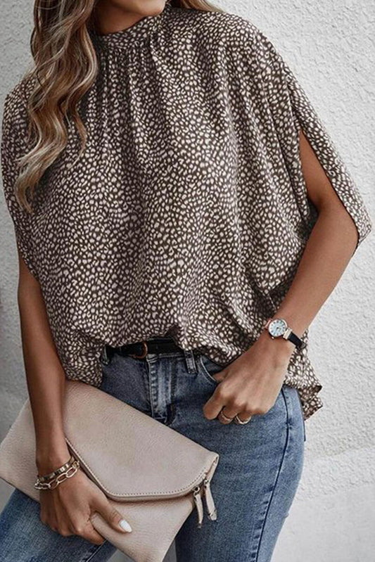 Leopard Dotty Print Knotted Dolman Sleeve Mock Neck Blouse