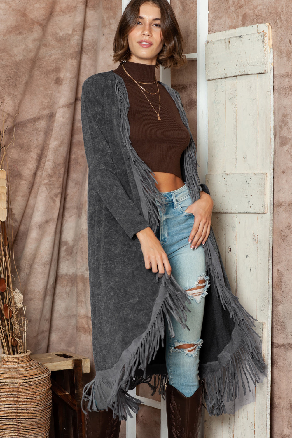 Black Mineral Washed Tassel Open Front Long Cardigan