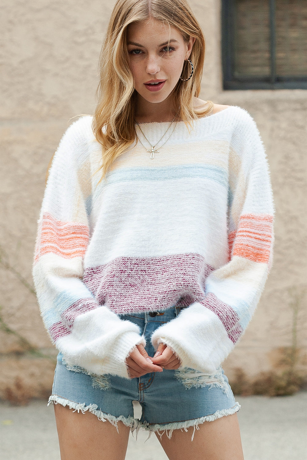 Multicolor Striped Drop Shoulder Fuzzy Sweater