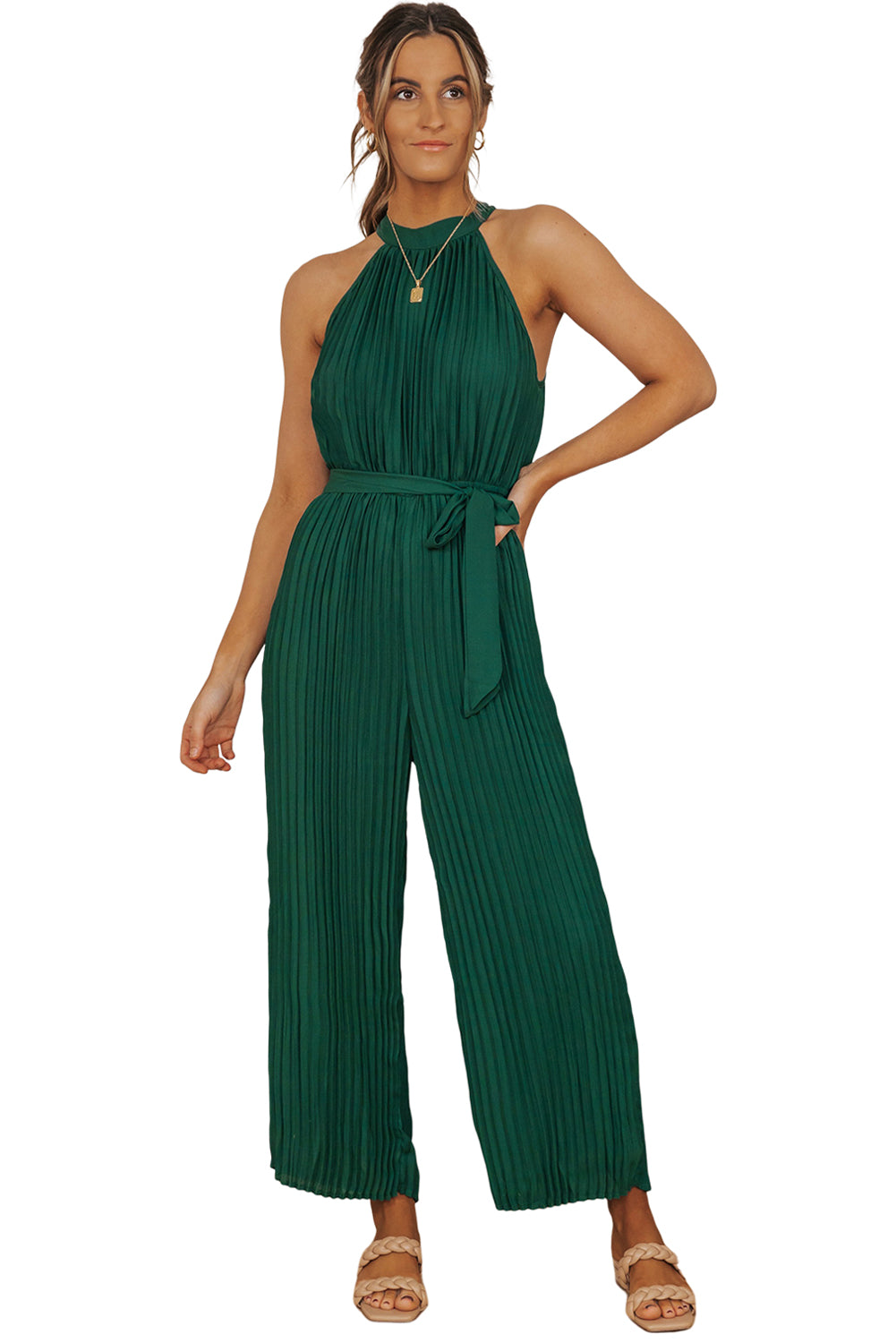 Black Elegant Halter Neck Belted Pleated Wide Leg Jumpsuit