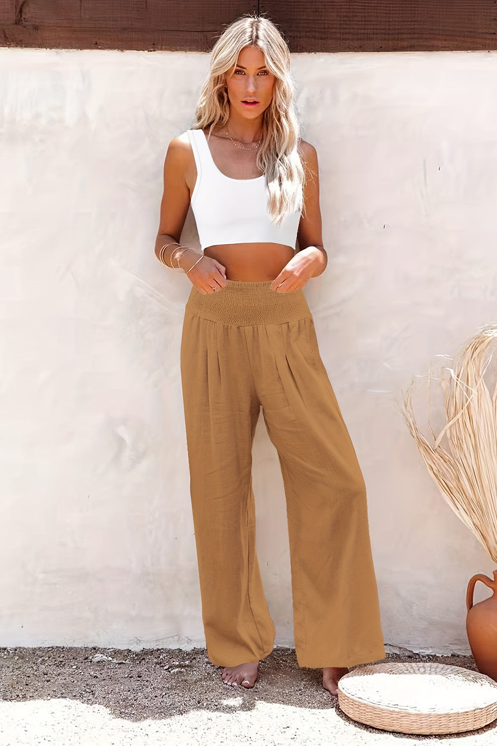 Gray Smocked Wide Waistband High Waist Wide Leg Pants