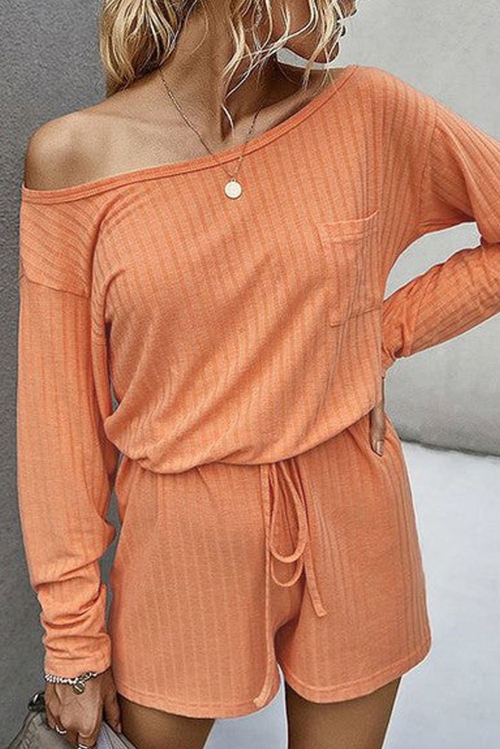 Orange Ribbed Drawstring Waist Long Sleeve Romper