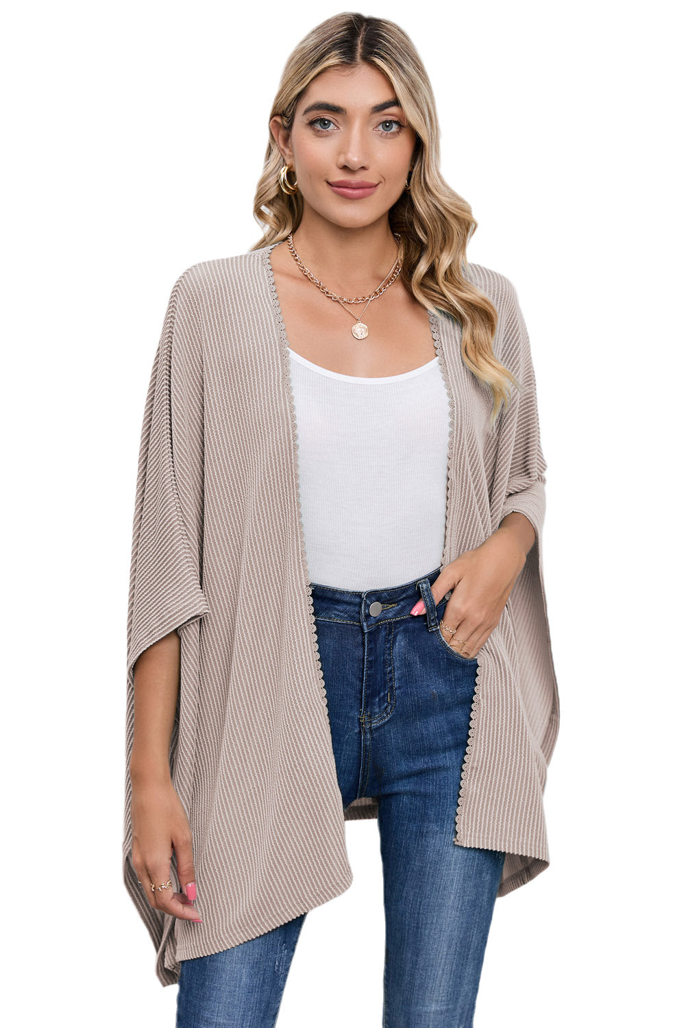 Apricot Textured Lace Trim Open Front Kimono Cardigan