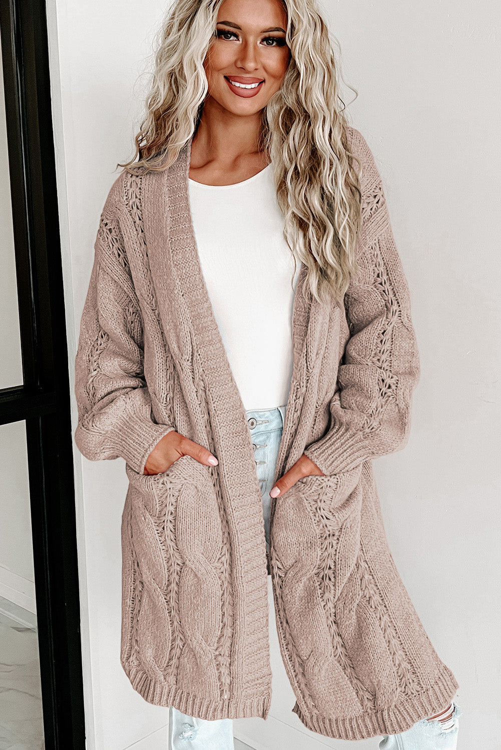 Apricot Ribbed Trim Hollow Knit Side Slits Cardigan