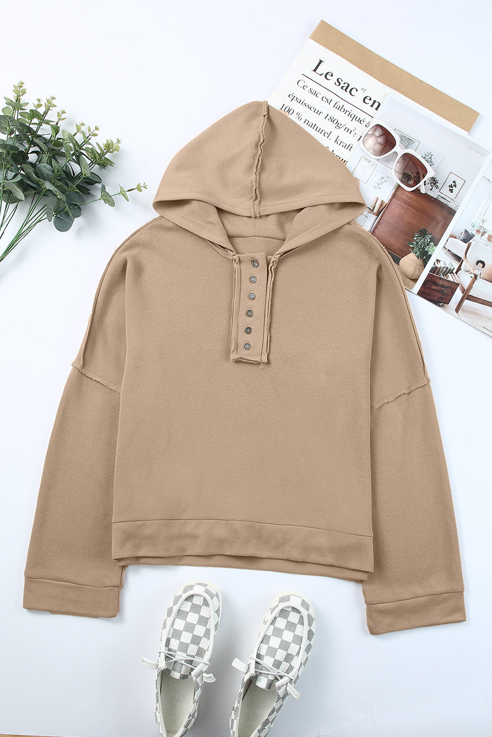 Grey Solid Casual Button Patchwork Trim Hoodie