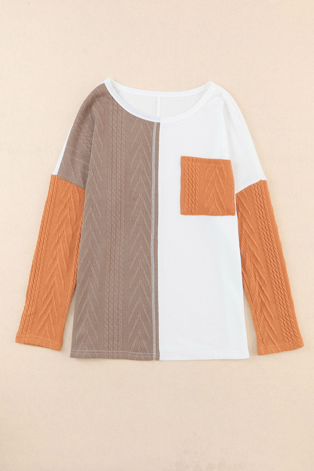 Peach Blossom Long Sleeve Patchwork Pocket Textured Knit Top