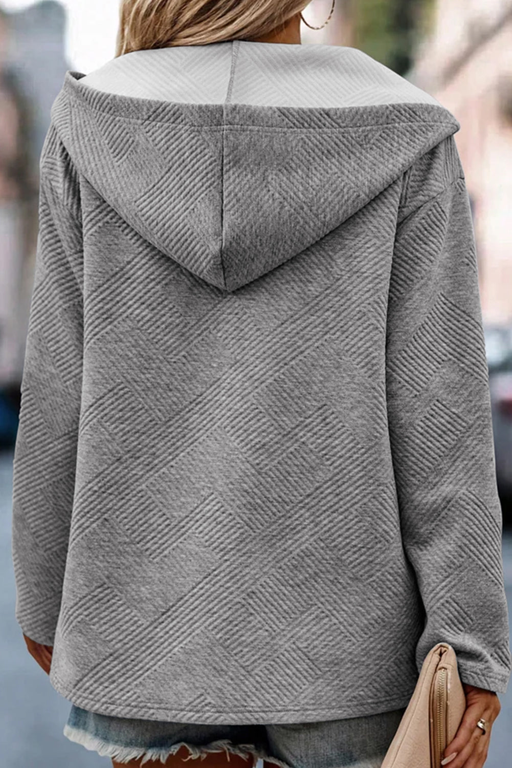 Grey Textured Rolled Up Sleeve Henley Hoodie