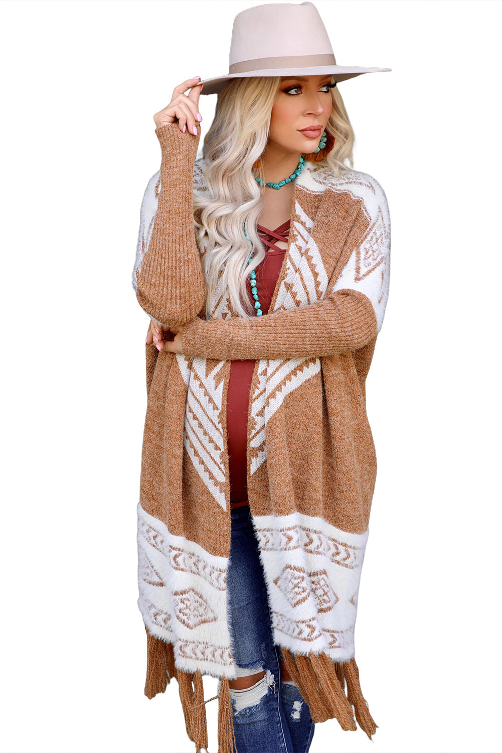 Brown Colorblock Furry Knit Tassel Hem Cardigan