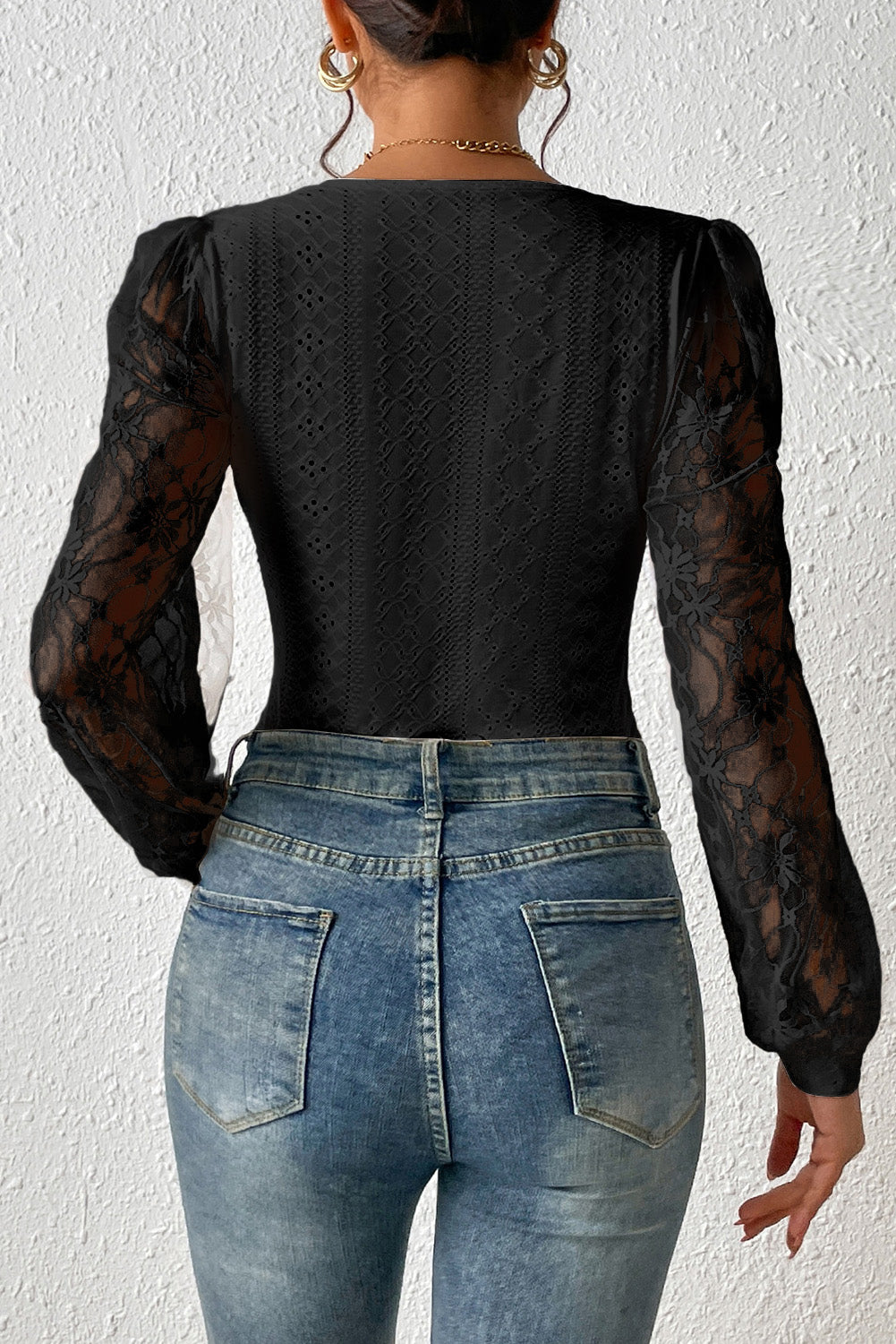 Black Eyelet Contrast Lace Bishop Sleeve Bodysuit