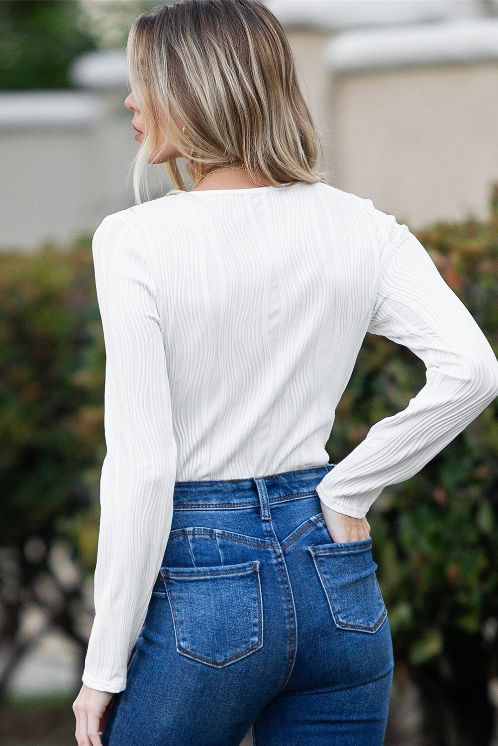 Bright White Ribbed Knit Long Sleeve Square Neck Bodysuit