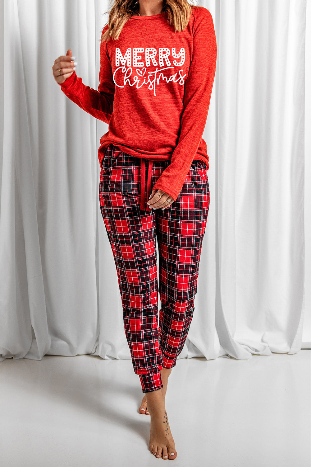 Red MERRY Christmas Graphic Top Plaid Pants Set