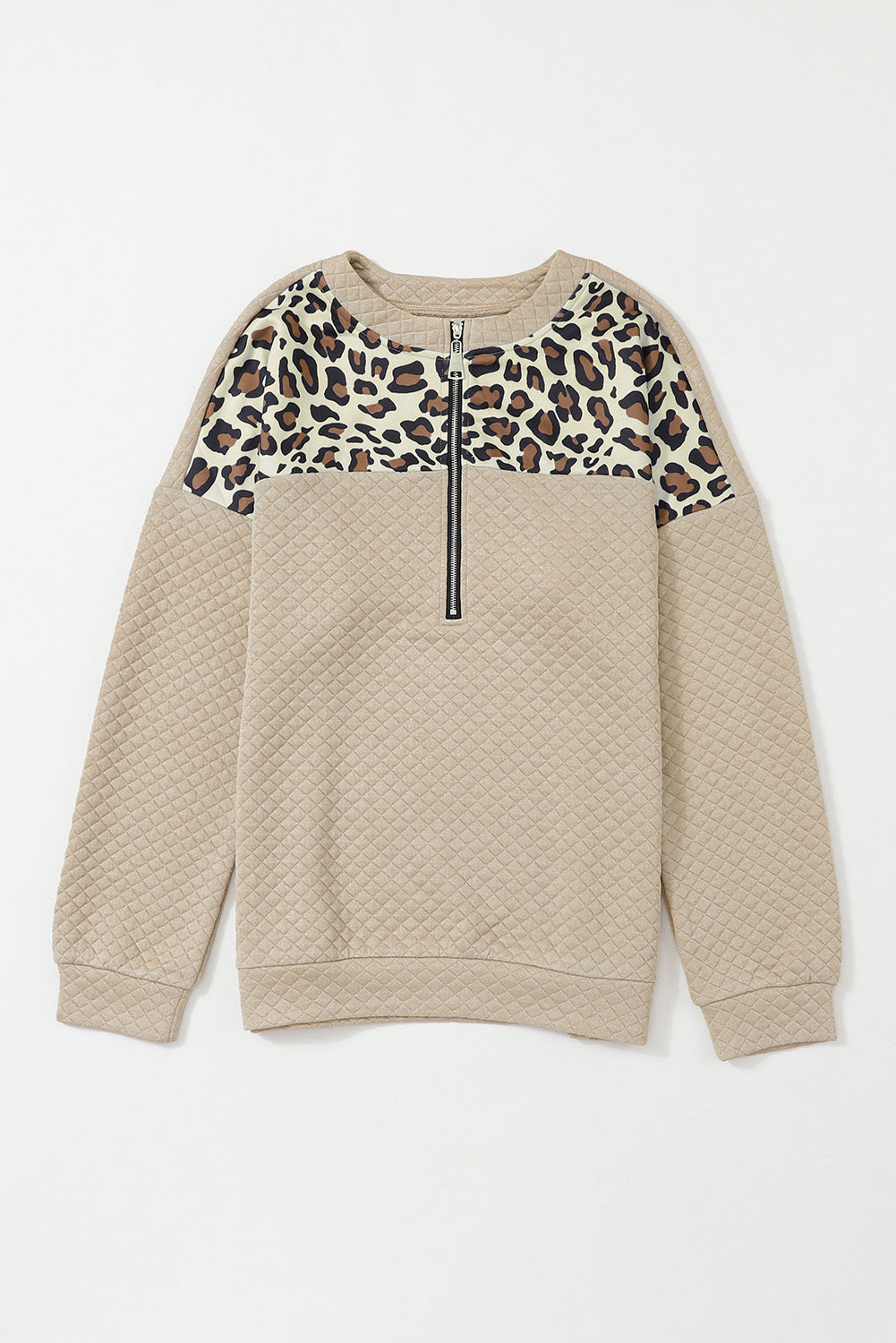 Apricot Leopard Quilted Drop Shoulder Half Zipped Sweatshirt