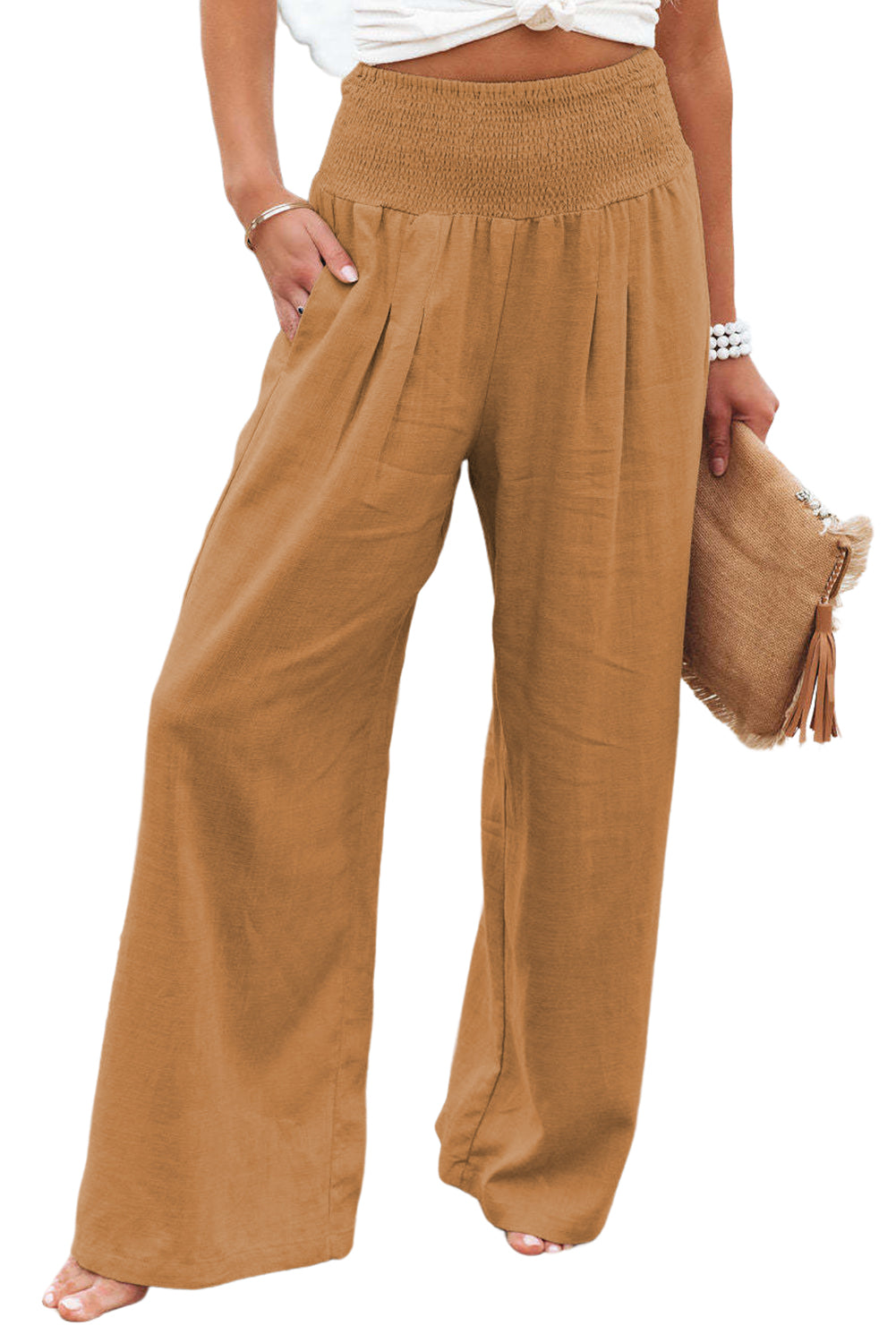 Gray Smocked Wide Waistband High Waist Wide Leg Pants