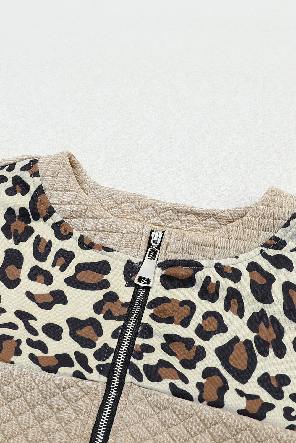 Apricot Leopard Quilted Drop Shoulder Half Zipped Sweatshirt