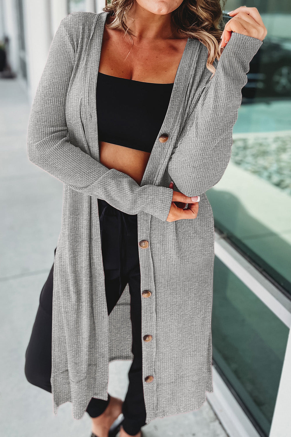 Gray Ribbed Button Up Side Split Duster Cardigan