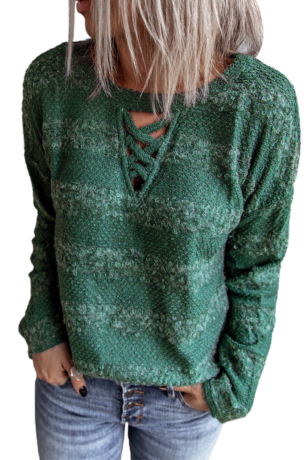 Green Crisscross Keyhole Long Sleeve Pullover Sweater