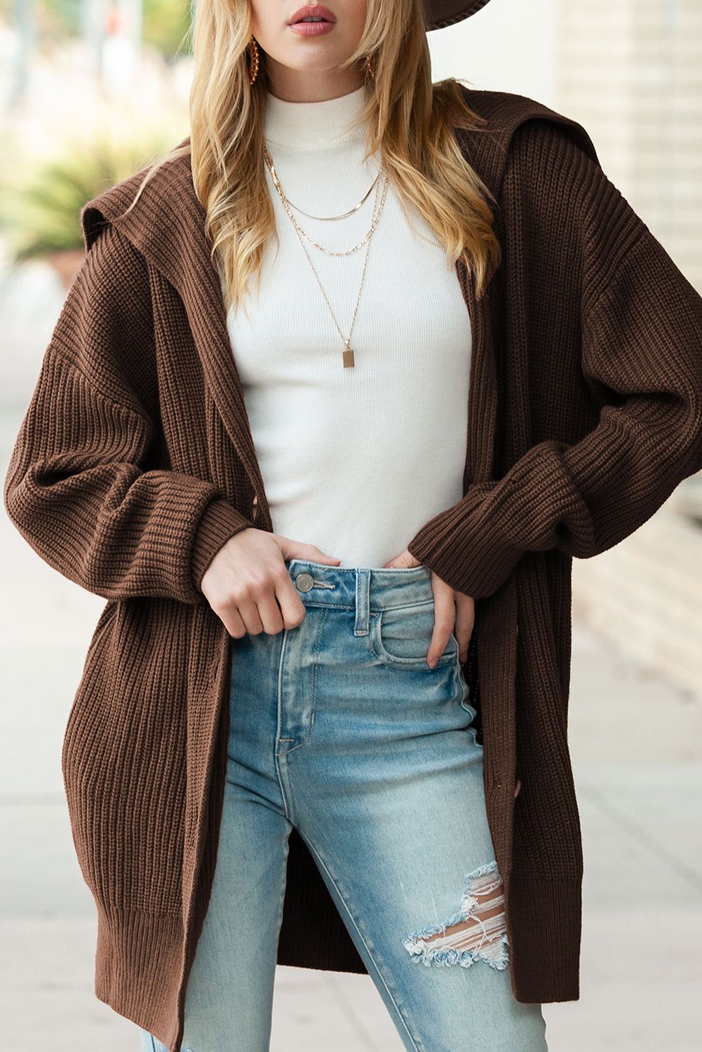 Brown Pocketed Button Up Chunky Knit Cardigan