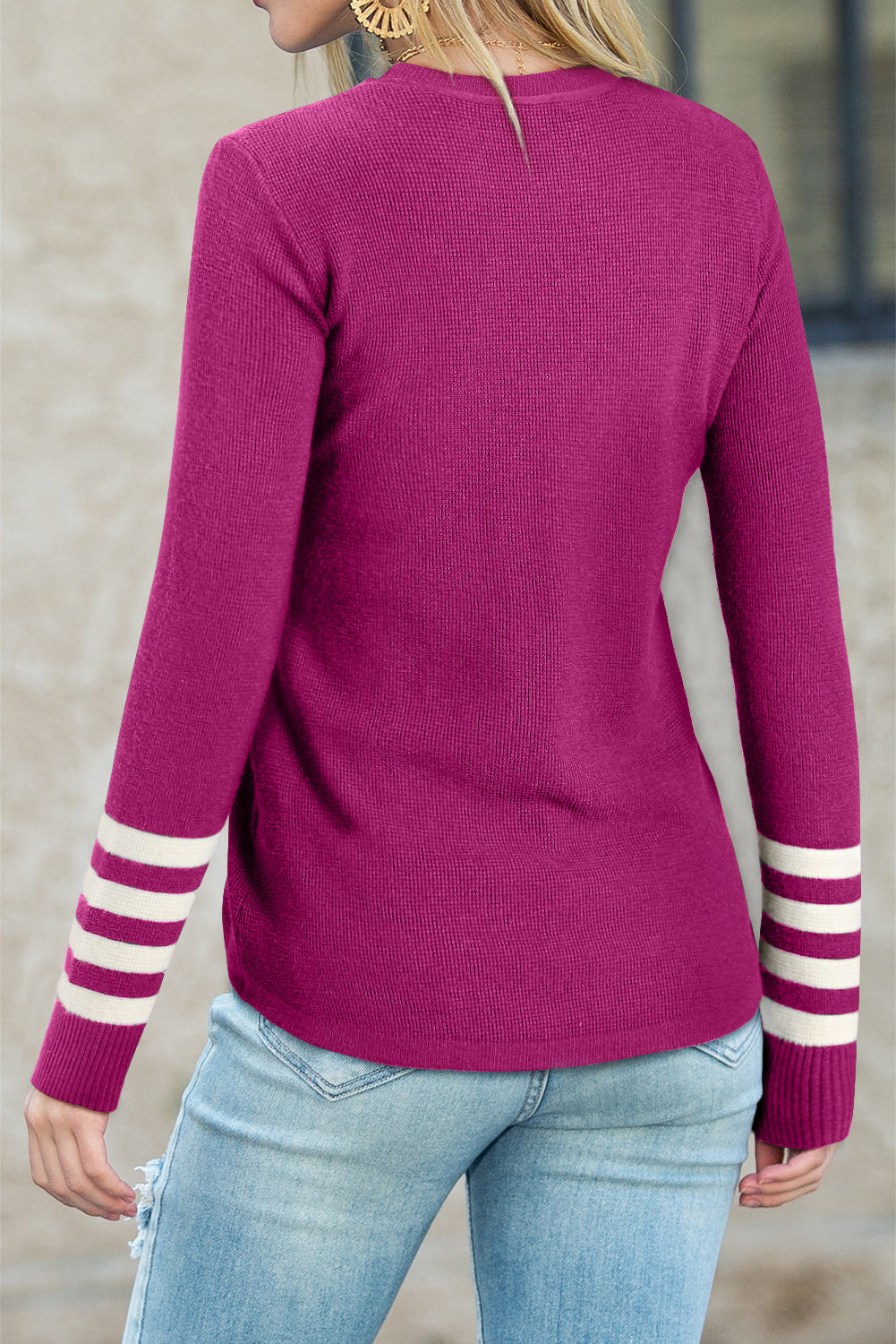 Red Casual Crew Neck Striped Sleeve Knit Sweater