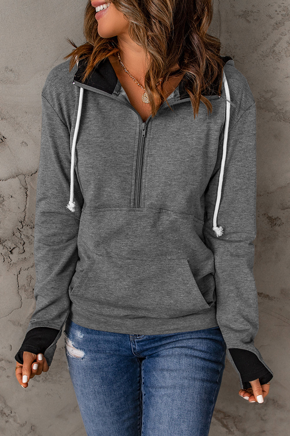 Grey Pocket Half Zip Thumbhole Sleeve Hoodie