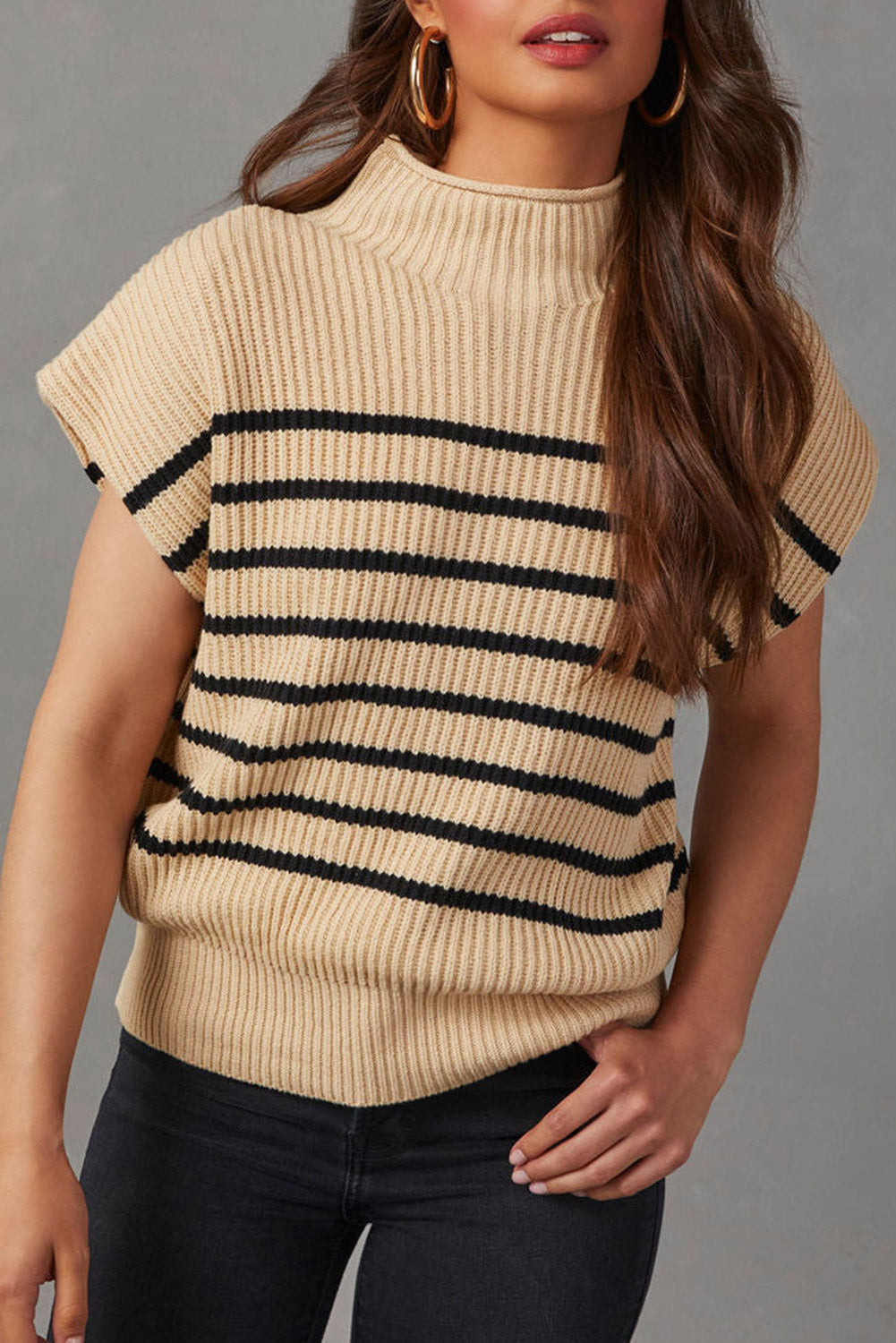 Parchment Striped Knit Mock Neck Short Sleeve Sweater