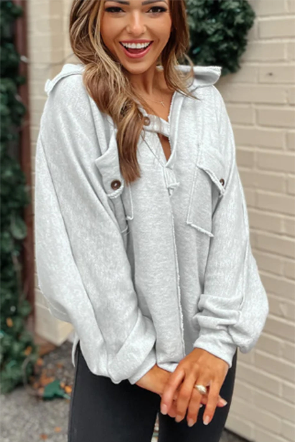 Gray Exposed Seam Patchwork Pockets Oversized Sweatshirt