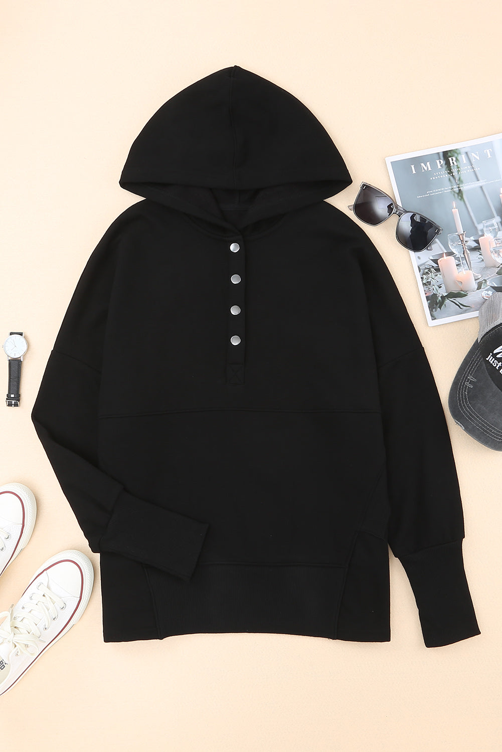 Black Casual Pocketed Batwing Sleeve Henley Hoodie