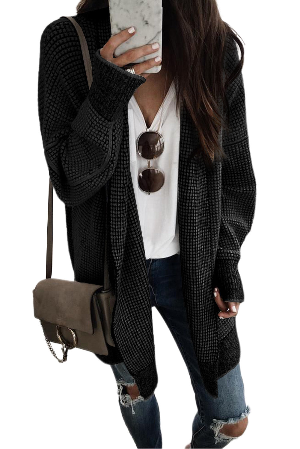 Black Plaid Casual Contrast Trim Knit Cardigan