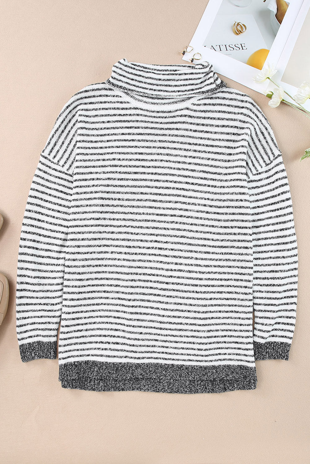 Khaki Striped Turtleneck Oversized Sweater