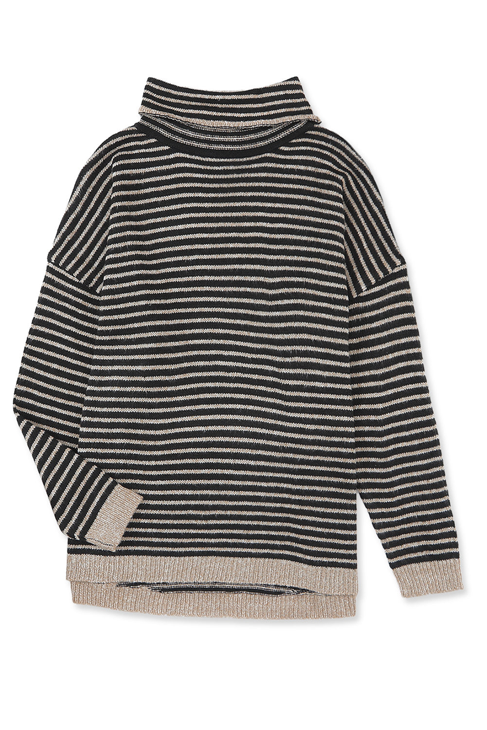 Khaki Striped Turtleneck Oversized Sweater