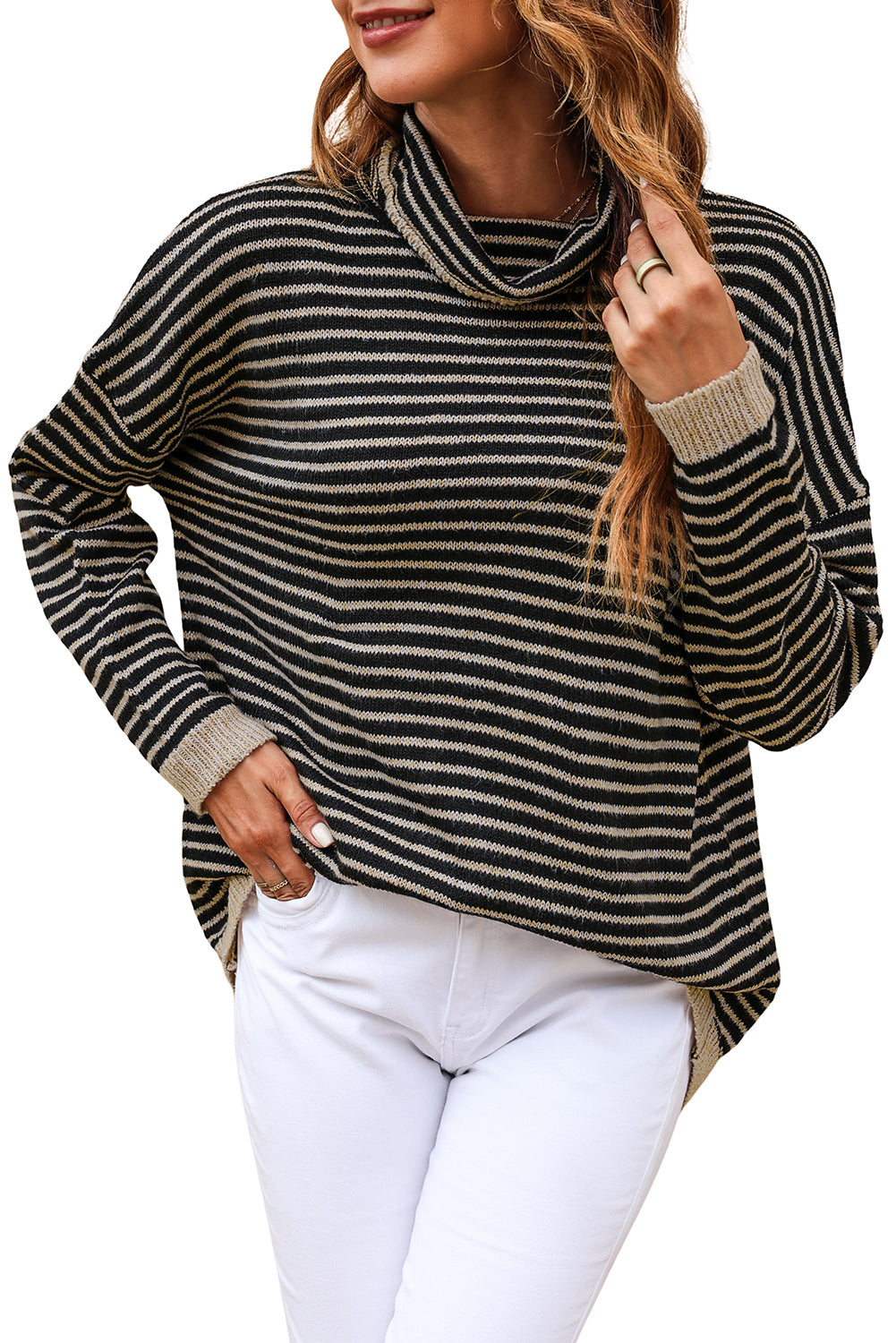 Khaki Striped Turtleneck Oversized Sweater