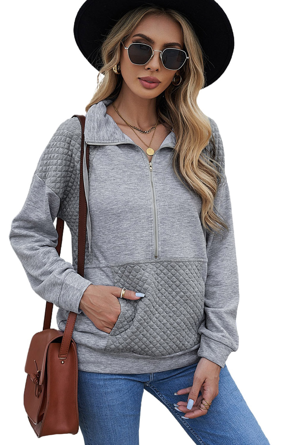 Dark Grey Quilted Kangaroo Pocket Half Zip Sweatshirt