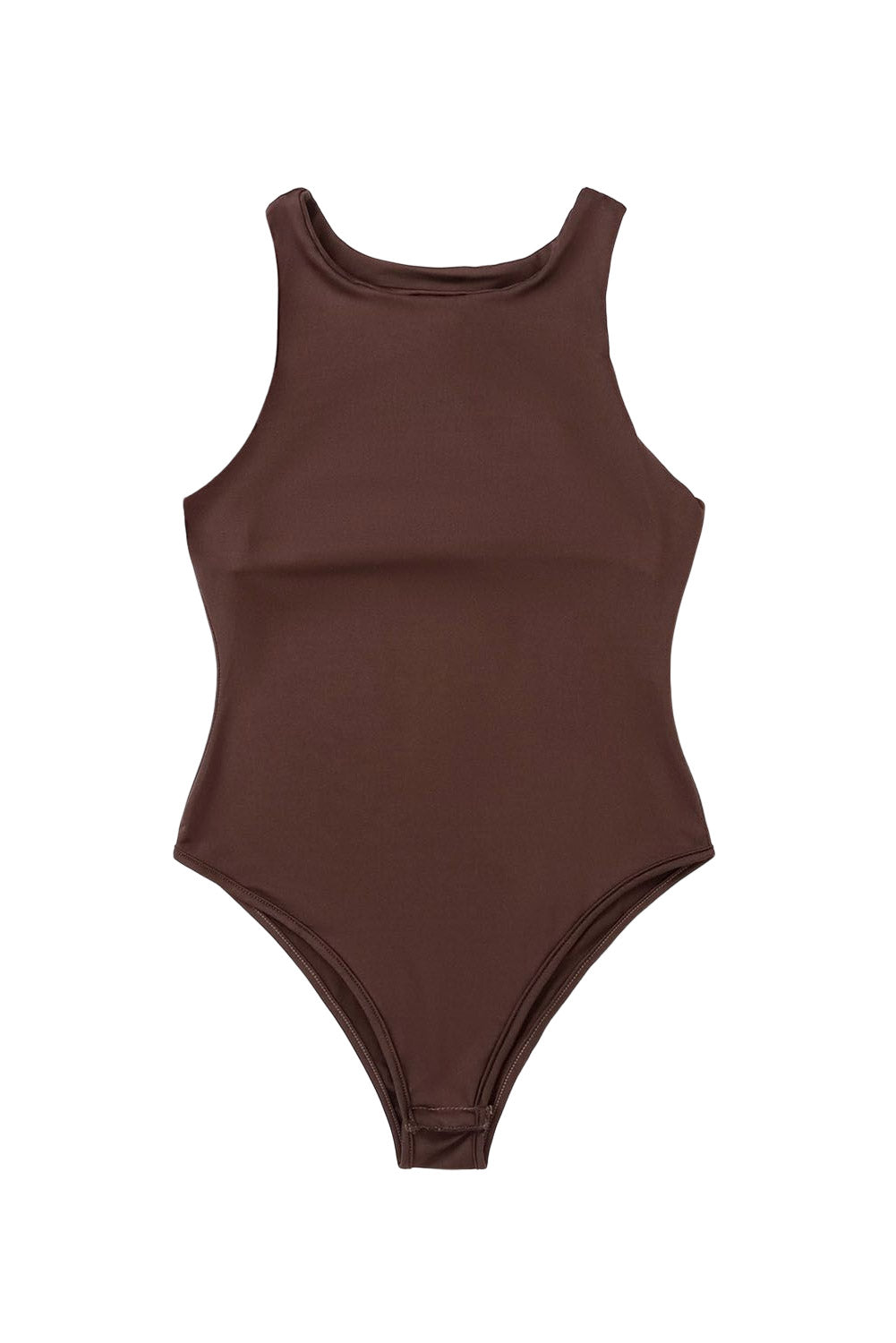 Brown Solid Color Crew Neck Plain Sleeveless Bodysuit