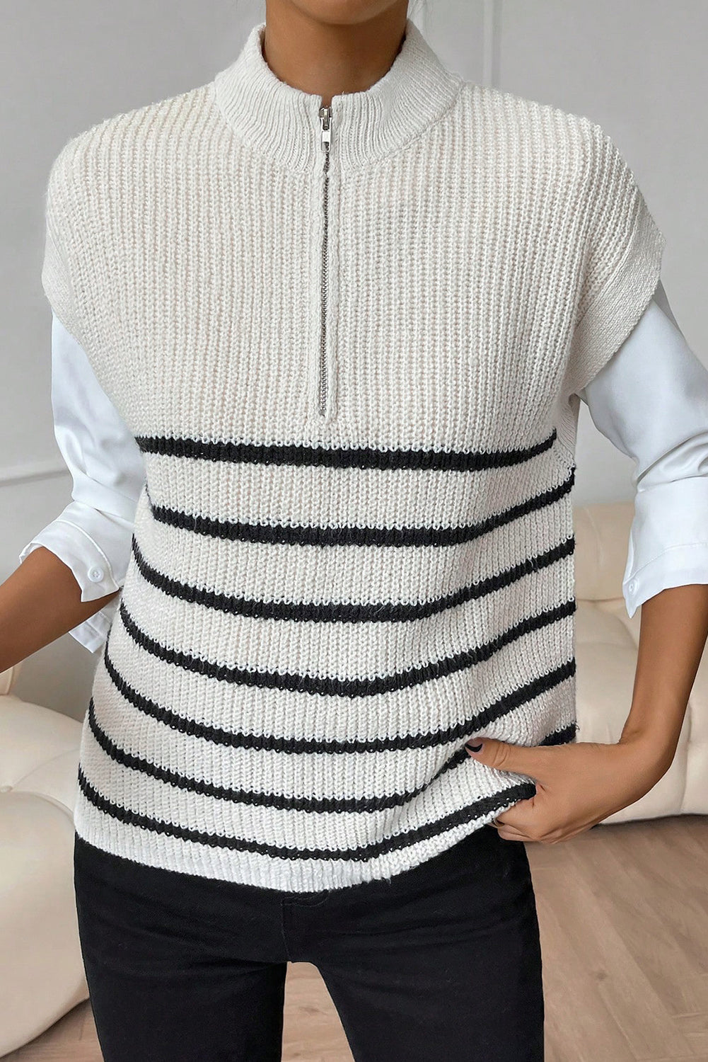 White Striped Half Zip Neck Sweater Vest