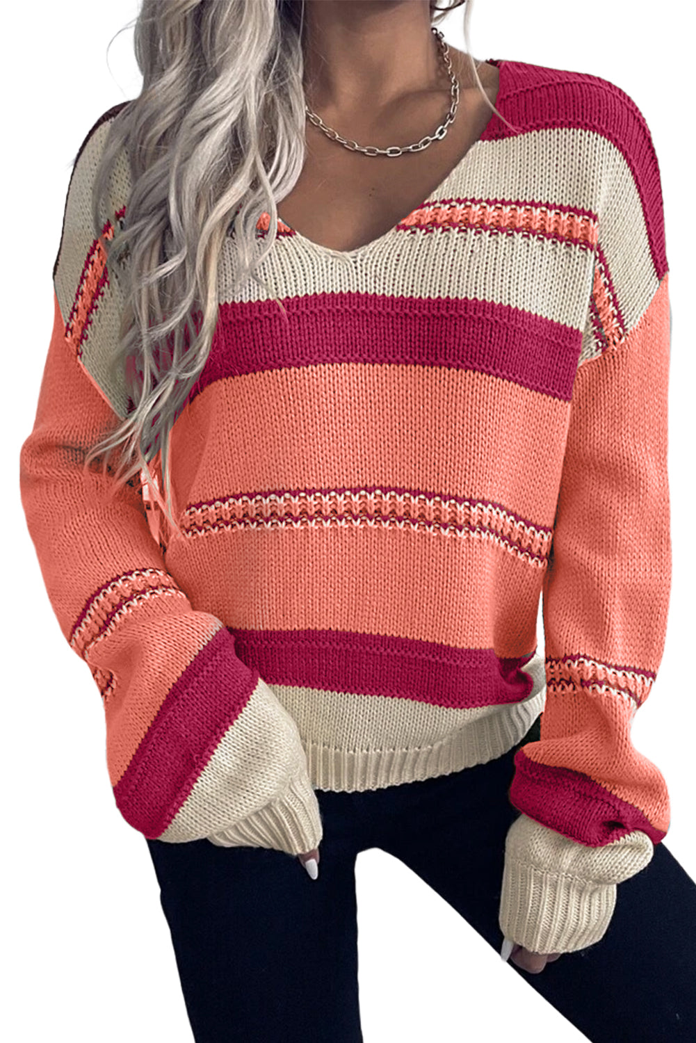 Sky Blue Striped Pattern Knit V Neck Sweater