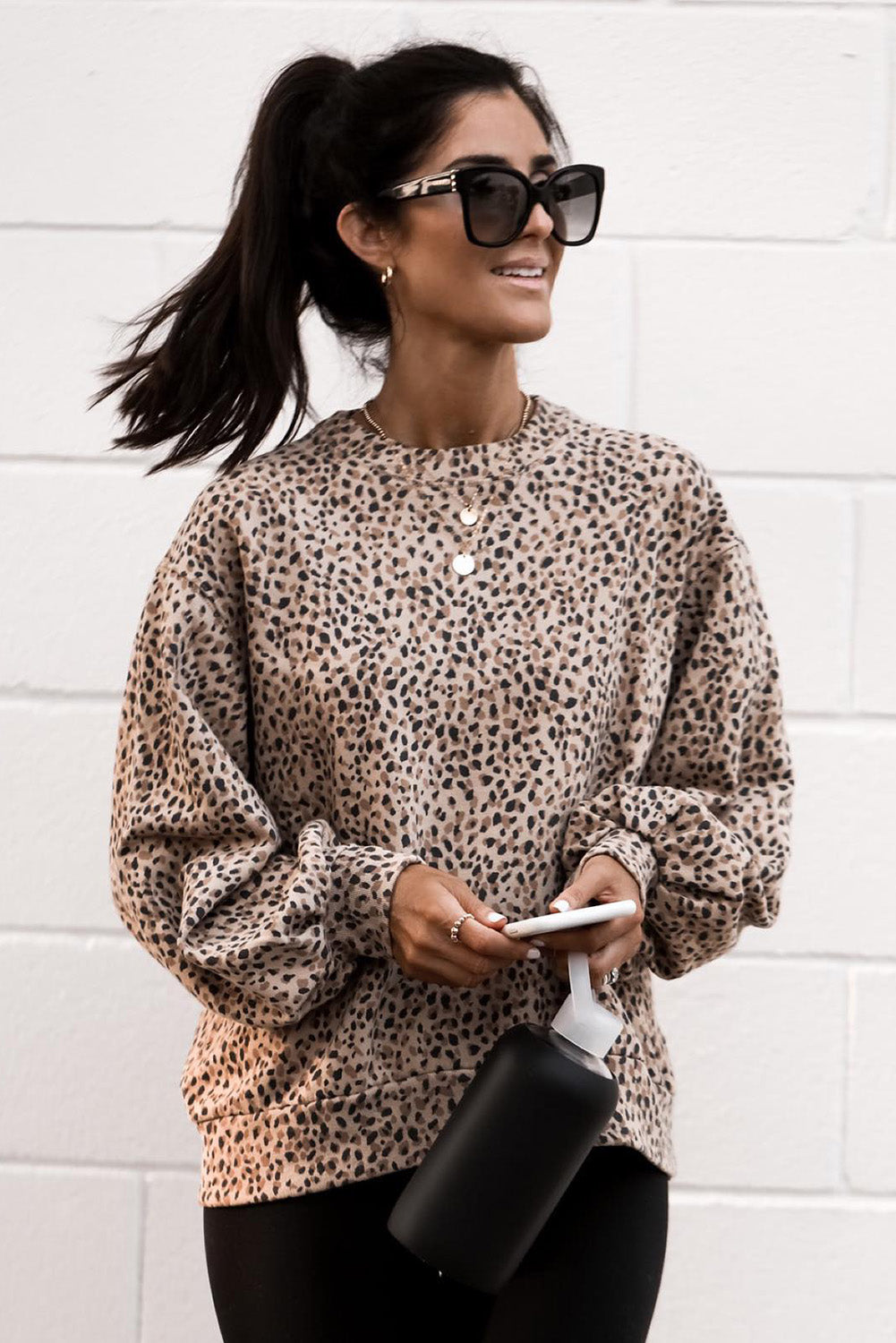 Cheetah Print Crew Neck Bishop Sleeve Sweatshirt