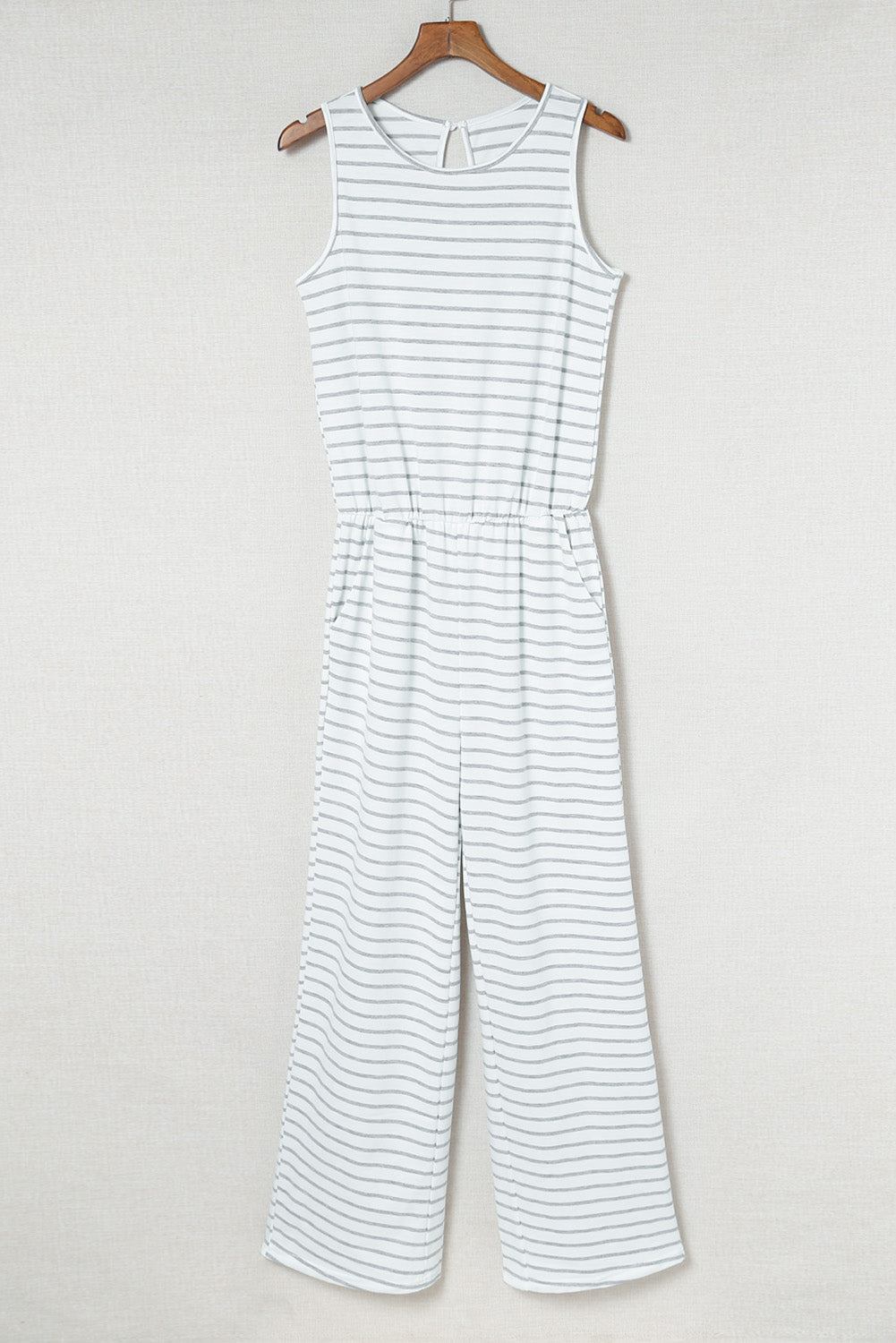 White Striped Keyhole Back Pockets Sleeveless Jumpsuit