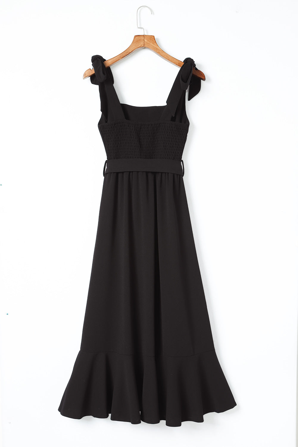 Black Tie Shoulder Smocked Back Side Slit Maxi Dress