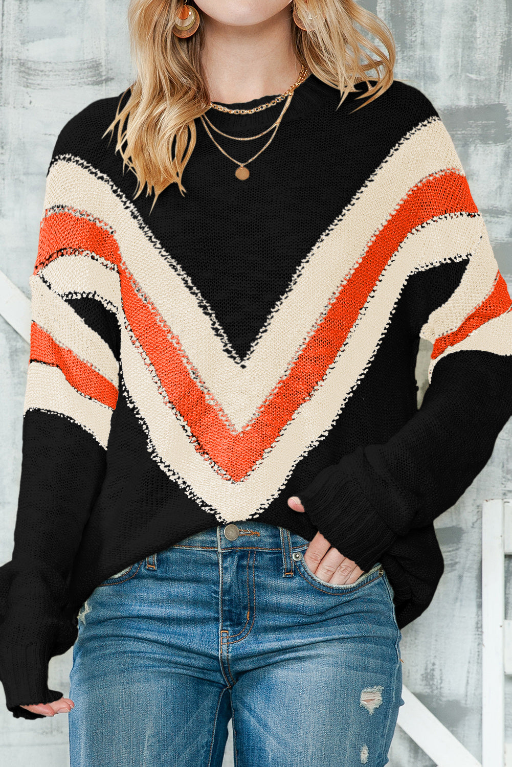 Chevron Striped Drop Shoulder Long Sleeve Pullover Sweater