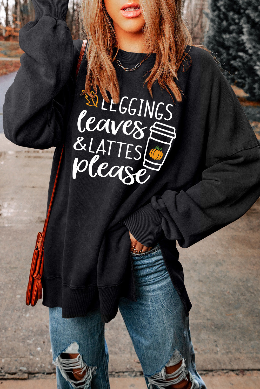 Black Slogan Print Side Split Oversized Graphic Sweatshirt