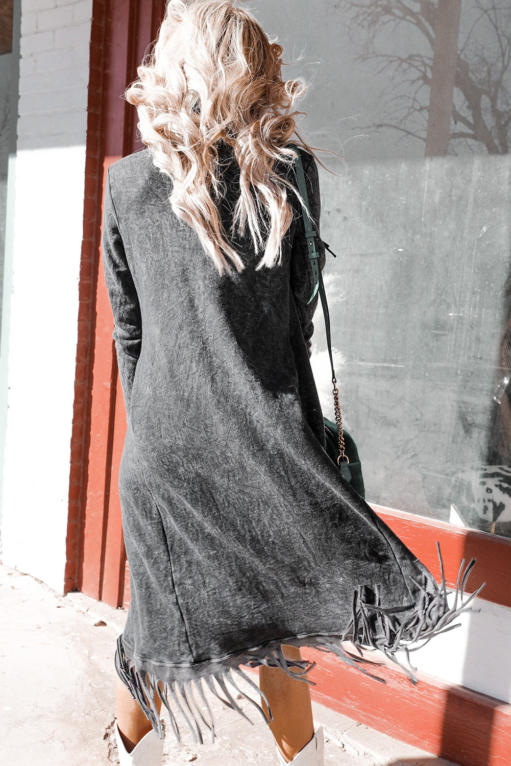 Black Mineral Washed Tassel Open Front Long Cardigan