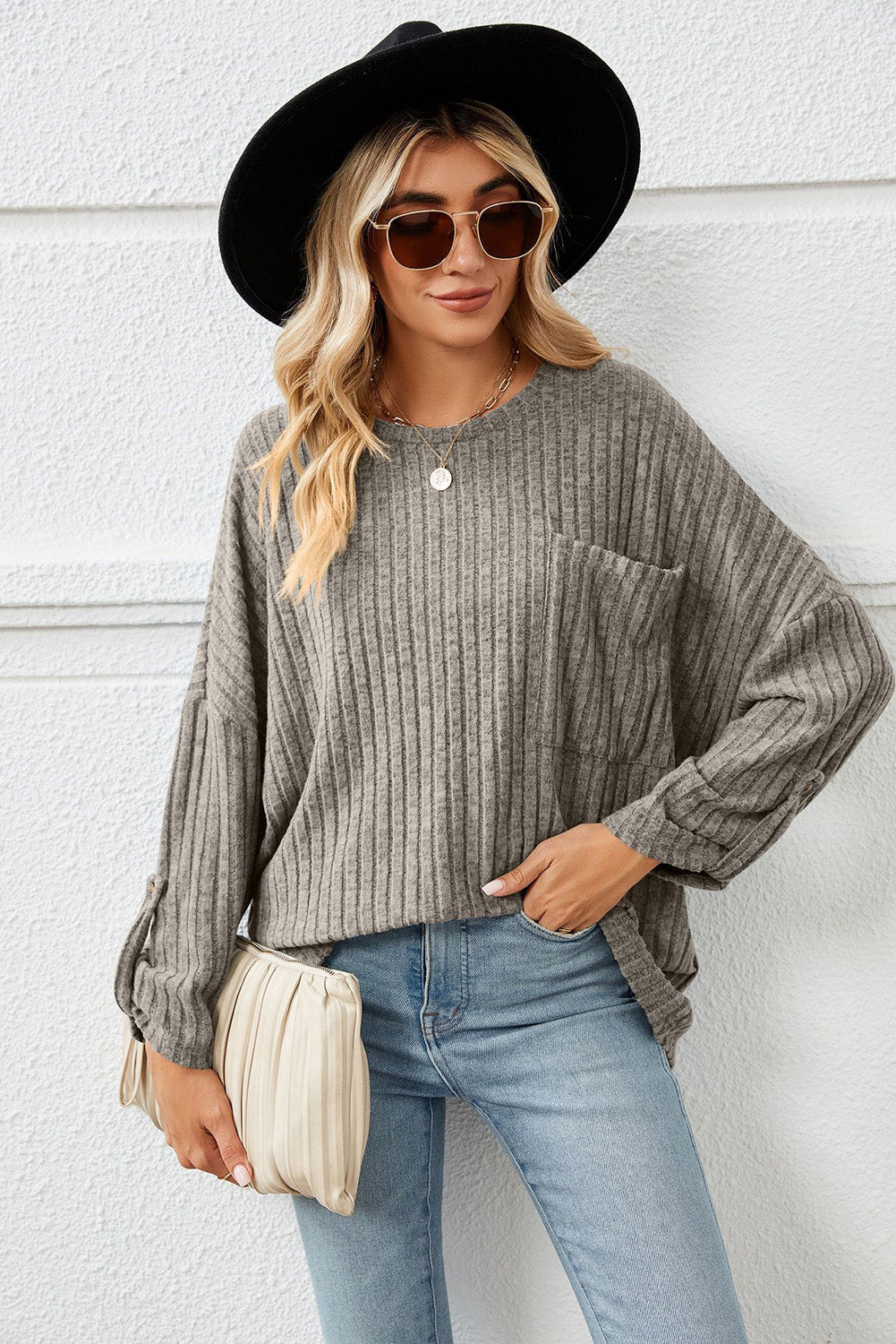 Taupe Ribbed Knit Oversized Pocketed Long Sleeve Top