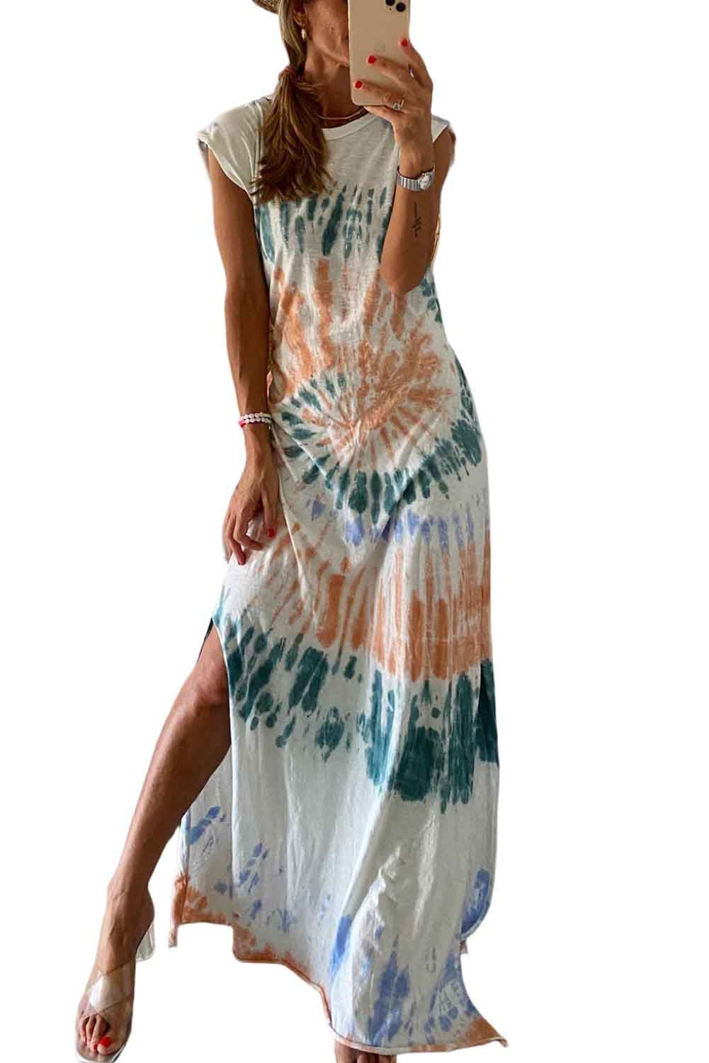 White Tie Dye Sleeveless Long Slit Dress