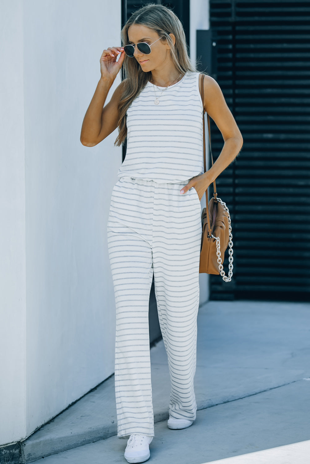 White Striped Keyhole Back Pockets Sleeveless Jumpsuit