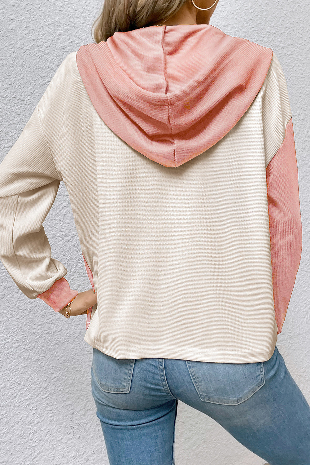 Peach Blossom Textured Color Block Pocketed Henley Hoodie