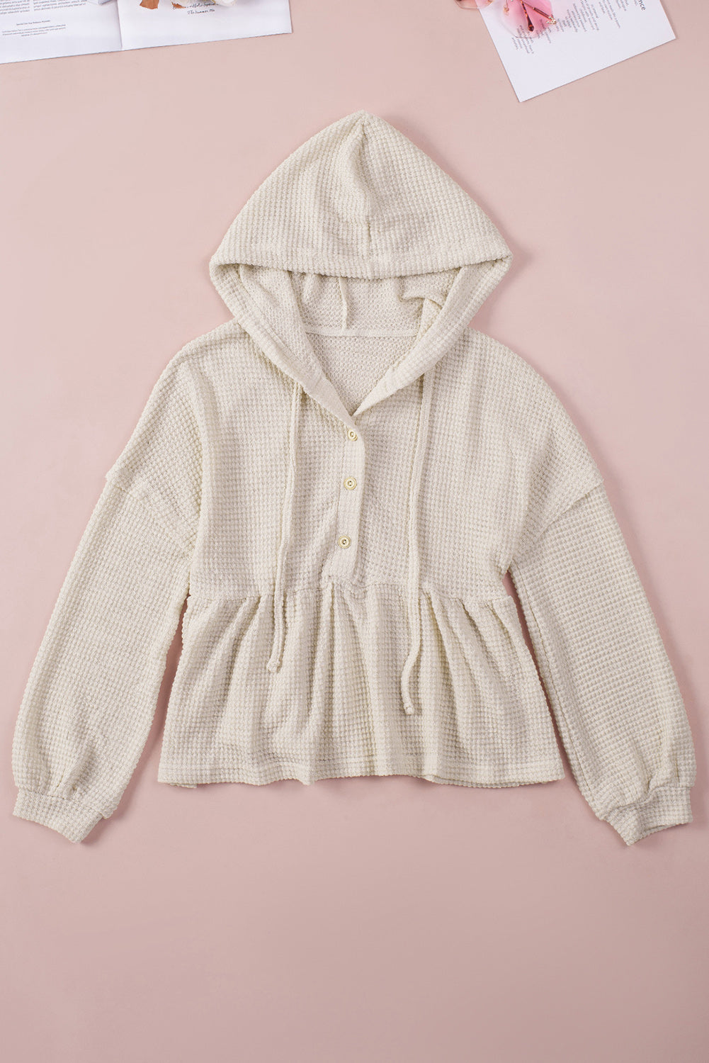 Apricot Waffle Casual Button Ruffle Knit Hoodie